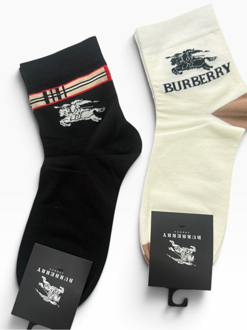 2 Pair Burberry Outlet Ankle Socks with Red & Beige Plaid and Classic Logo